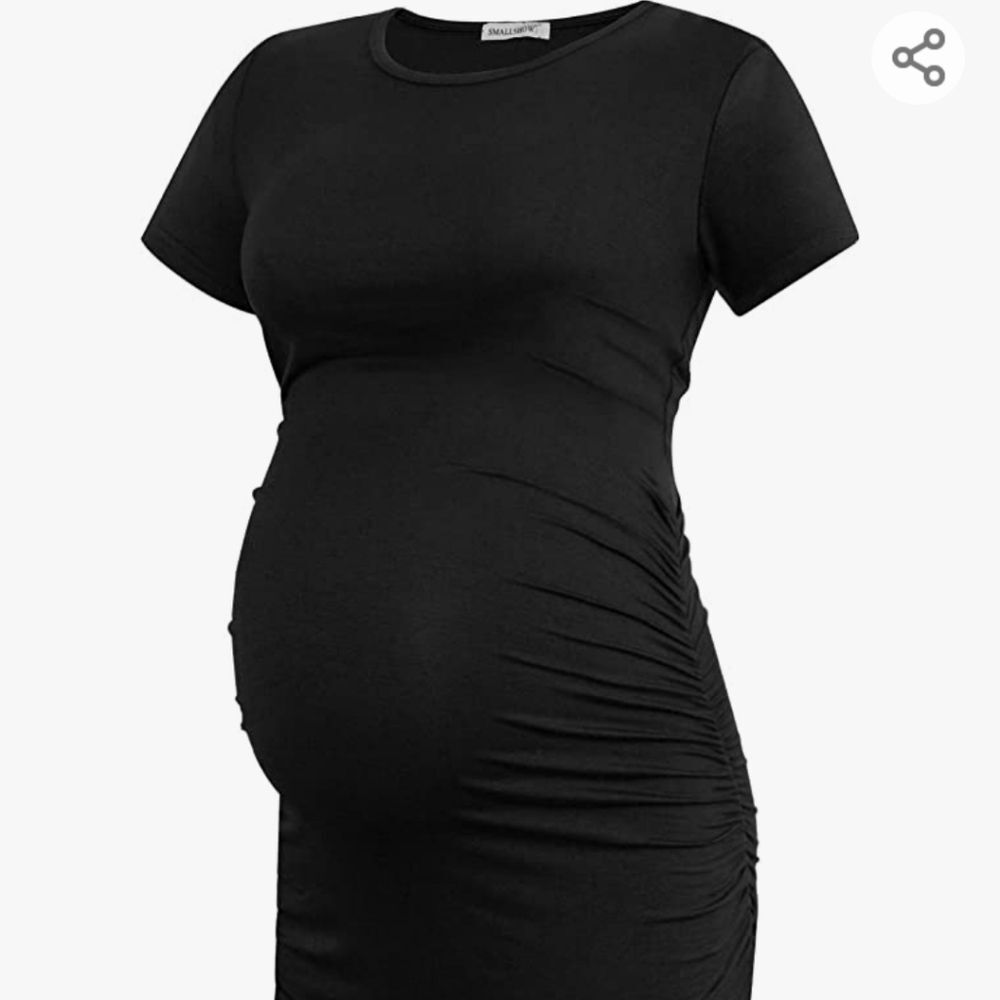 LaughIDo Black Short Sleeve Maternity Dress Ruched Pregnancy T-Shirt Dress Siz L